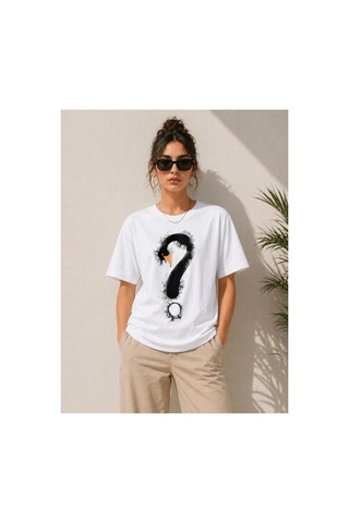 Butik İstanbul Kuğu Figürlü Soru İşareti Baskılı Tişört Kısa Kol T-shirt - Beyaz