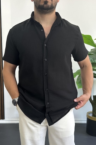 Erkek Kısa Kollu Keten Görünümlü Gömlek Siyah Edw389 Siyah