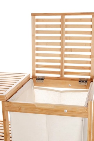 Bambu 3 Raflı Kirli Çamaşır Sepeti Kapaklı & Kumaş Torbalı Doğal Ahşap Banyo Düzenleyici Bej