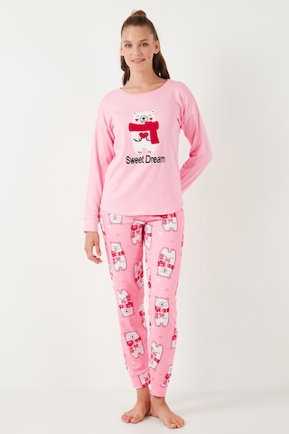 Lela Streç Standart Fit Bisiklet Yaka Desenli Bayan Pijama Takımı 6095700 Pembe