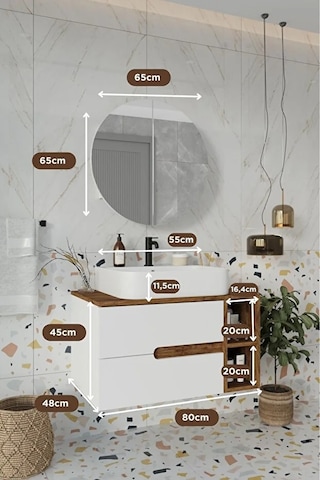 Koza Beyaz 80 Cm Banyo Dolabı+ayna+lavabo Beyaz