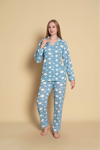 Kadın Gömlek Bulut Desenli Uzun Kol Pijama Takımı Mavi