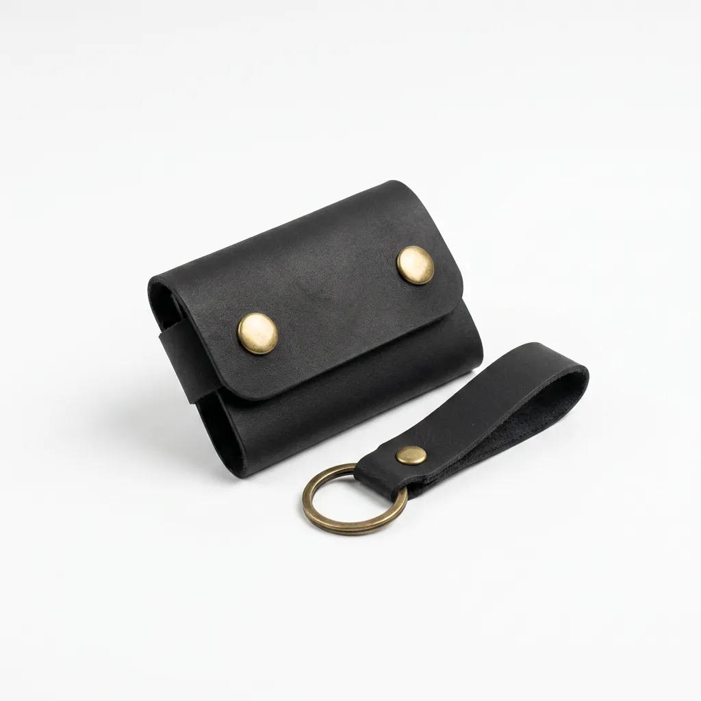 Natderi %100 Hakiki Deri El Yapımı Mini Kartlık Ve Anahtarlık Seti - Minimalist Unisex Cüzdan 6x9 Cm siyah