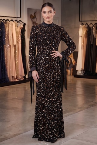 Dorne Moda Payetli Kemer Detaylı Uzun Kollu Balık Model Abiye Elbise Gümüş Gümüş