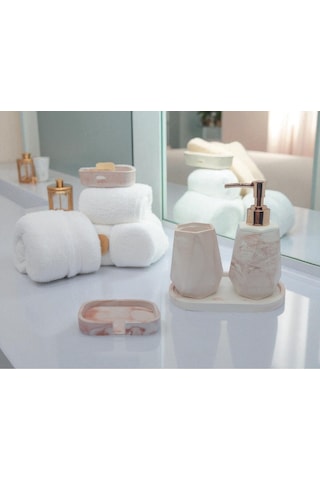 4 Lü Taş Banyo Seti Beyaz - Kahverengi Mermer Desenli 4'lü Sabunluk Seti Beyaz