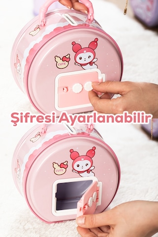 Porsima 040 Metal Şifreli Kilitli Yuvarlak Kumbara Pembe 15x15cm