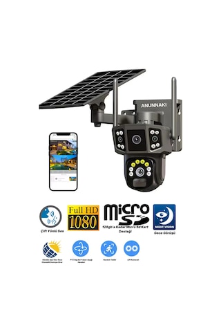Solar Kamera Güneş Enerjili 1080p Full Hd Çift Kameralı Extra Led Alarm Ses Akıllı Güvenlik Kamerası