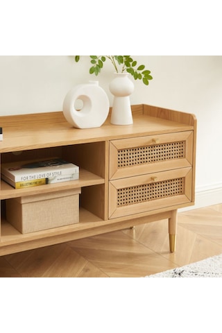 Scandi Tarzı Tv Ünitesi Bombong 180 Cm, Ahşap & Rattan Detaylı Açık Ceviz