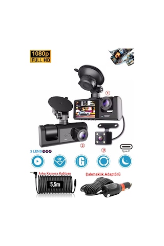 Pro Cc33 1080p Full Hd Araç Içi Kamera Ön Arka Ve Iç Kayıt 3 Kamera Gece Görüşlü G Sensör Geniş Açı