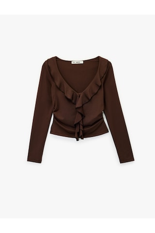 Koton Fırfır Detaylı Uzun Kollu Slim Fit V Yaka Tişört Kahverengi 6wal10543ık Kahve