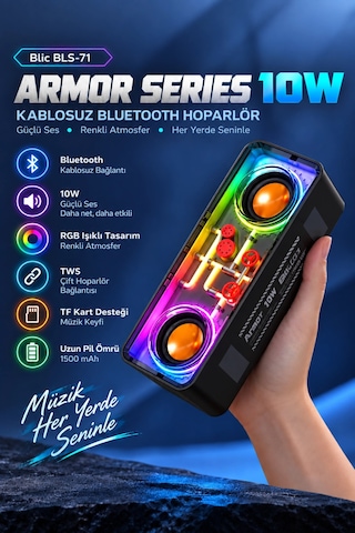 Blic Bls-71 Siyah Armor Series 10w Kablosuz Rgb Bluetooth Hoparlör Tws Tf Kart Desteği