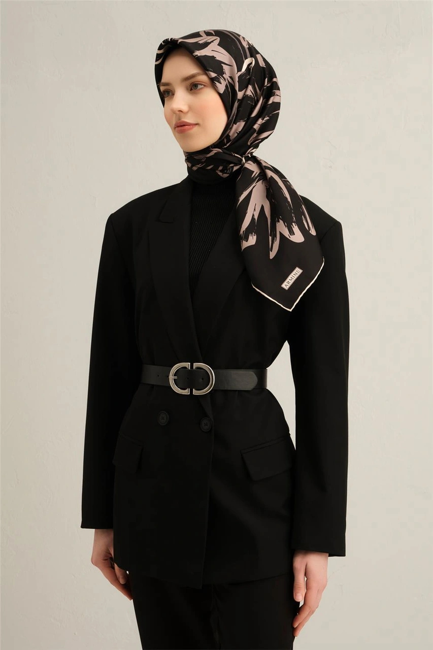 Armine Çiçek Desenli Saf İpek Twill Eşarp 9322d 13 Siyah