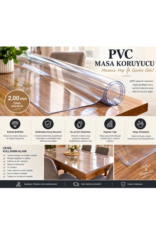Şeffaf Masa Koruyucu Örtü 2,00 Mm Kalın Pvc Mika Masa Örtüsü Su Geçirmez Çizilmelere Karşı Koruyucu