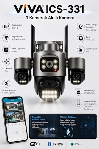 Viva Ics-331 3 Kameralı Akıllı Dış Mekan Ptz Wifi Güvenlik Kamerası 3mp Icsee Aı İnsan Takip Çift Yönlü Ses