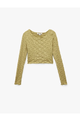 Koton Uzun Kollu Dokulu Kayık Yaka Slim Fit Crop Tişört Yeşil 6wal10091ık Yeşil