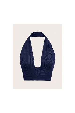 Hımmelduf Elastanlı Haılter Yaka Crop Dekolteli Bluz Lacivert