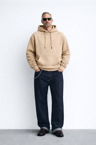 İçi Polarlı Kapşonlu Erkek Sweatshirt Hoodie Krem