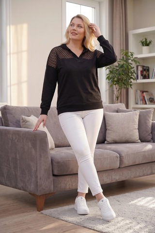 Aytemas Yakası Taşlı File Detaylı Sweatshirt Siyah