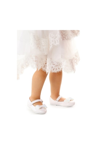 Kiko Kids Cırtlı Fiyonklu Kız Çocuk Babet Ayakkabı Ege 200 Rugan Beyaz