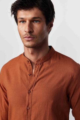 Tudors Slim Fit Dar Kalıp Uzun Kol Hakim Yaka Pamuklu Keten Efekt Kiremit Gömlek-28837-kiremit Kiremit