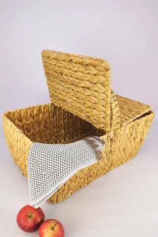 Digithome Hasır Bambu Kapaklı Piknik Sepeti Dikdörtgen Piknik Çantası Kahverengi - Cl-5004