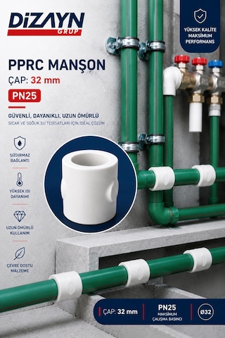 Dizayn Pprc Manşon 32 Mm 50 Adet Pn25 Temiz Su Tesisat Ek Parçası