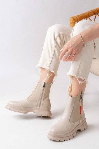 Aymood Asm-086 Bej Fashion Aksesuarlı Fermuarlı Günlük Kadın Bot Bej