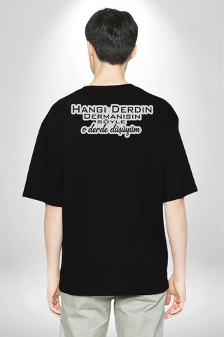 Hangi Derdin Dermanısın Söyle O Derde Düşüyüm Yazılı Pamuklu Unisex Oversize Sırt Dijital Baskılı Siyah T-shirt Siyah