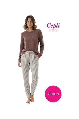 Kadın Viskon Mevsimlik Uzun Kol Cepli Pijama Takımı-üstü İnce Triko Alt Pijama Dar Kesim Jakar Kumaş Kahverengi