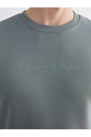 Lcwaıkıkı Classic Yeşil Standart Kalıp Bisiklet Yaka Baskılı Erkek Kalın Sweatshirt