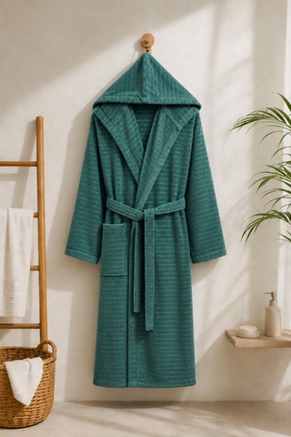 Pamuklu Kapüşonlu Banyo Bornozu Yumuşak Doku Çeyiz Cepli Kemerli Unisex Haki