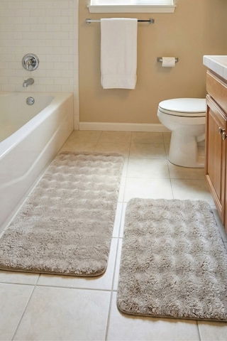2 Li Peluş Bubble Banyo Paspas Seti 60x100+50x60 Cm Kaymaz Lateks Taban, Yumuşak Yüzey, Yıkanabilir Vizon