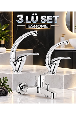 Homees 3 Lü Mutfak Banyo Lavabo Bataryası Seti Gri Krom
