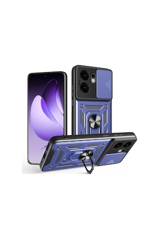 Oppo Reno 13f 5g Kılıf Magnetik Standlı Kamera Korumalı Zore Sürgülü Vega Kapak Mavi