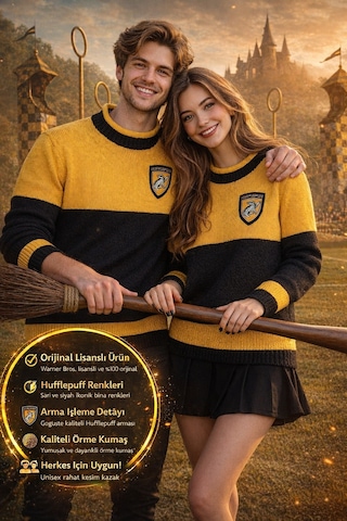 Harry Potter Hufflepuff Quidditch Kazak Lisanslı Sarı Siyah Örme Sweatshirt Unisex - Xs Beden