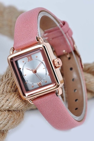 Minimal Kare Kasa Pembe Deri Kordonlu Bakır Renk Vintage Retro Zarif Şık Analog Kol Saat