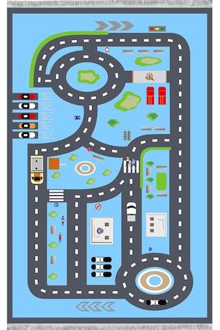 Mavi Ve Gri Renk Şeritli Yol Çocuk Odası Halısı Mavi