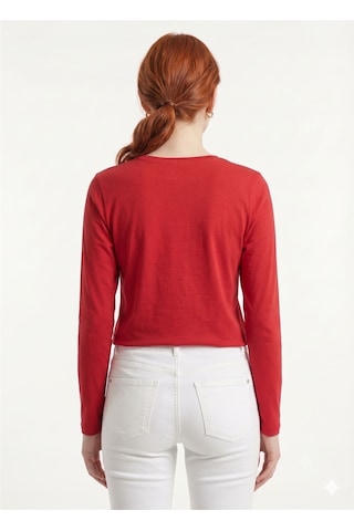 Neden Tekstil Kadın Kırmızı Uzun Kollu Baskılı Basic T-shirt