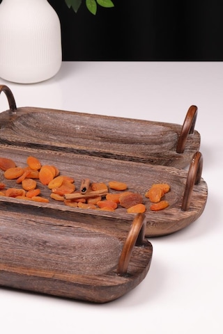 Bambum 3 Parça Pavlonya Deepwood Ahşap Sunum Seti Kulplu Dikdörtgen Servis Tabakları Ahşap