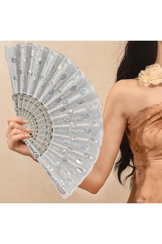 Beluga Yelpaze Şık Doğal Serinletici Pullu Gelin Yelpaze Beyaz