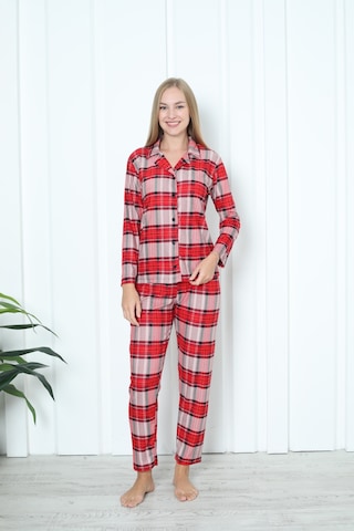 Wordex Mr 3707 Boydan Düğmeli Soft Süet Kışlık Kareli Kadın Pijama Takımı Kırmızı