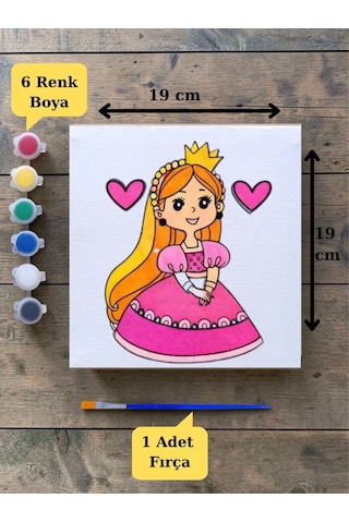 Tuval Boyama Sevimli Prenses Baskılı Aktivite Seti 19x19 Cm Tuval, Fırça Ve 6 Renk Akrilik Boya Seti