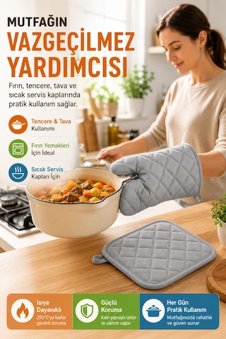 Gri Fırın Eldiveni Ve Tutacak Seti Isıya Dayanıklı Kapitone Mutfak Eldiveni Fırın Tutacağı Gri Renk.
