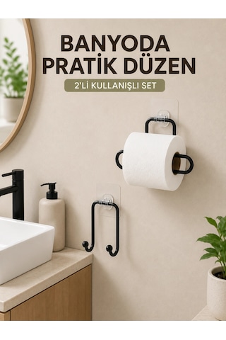 Vidasız Banyo Seti Yapışkanlı Tuvalet Kağıdı Tutucu Ve Havlu Askısı 2 Li Set Renkli