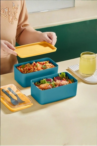 Mega Boy 2 Katlı Yemek Saklama Kabı 2 Litre - Kendinden Çatal Kaşık Servisli Lunch Box Set Yeşil