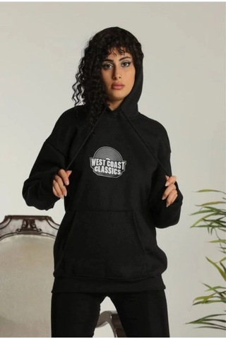 Freedom Store Kadın Oversize Kapüşonlu Cepli Baskılı 3 İplik Pamuklu Hoodie Sweatshirt - Siyah
