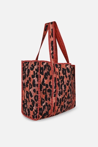 İcone Bag Patch Yama Desen Baskılı Kapitoneli Plaj Çantası, İçi Çizgili Baskılı Shopper Çanta, Pembe Plaj Çantası Leopar