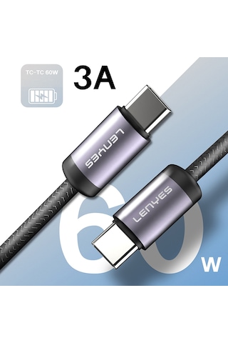Lenyes Lc537 Type-c To Type-c Hızlı Şarj Özellikli Örgülü Data Ve Şarj Kablosu 60w 1m Siyah