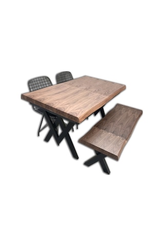 Masa Kütük Desen Takım Model X Metal Çelik Ayak Yan Açıl Tabla Be Kahverengi