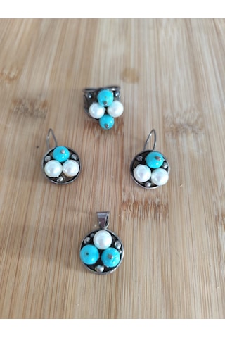 Firuze Ve İncili Gümüş Set Bronz